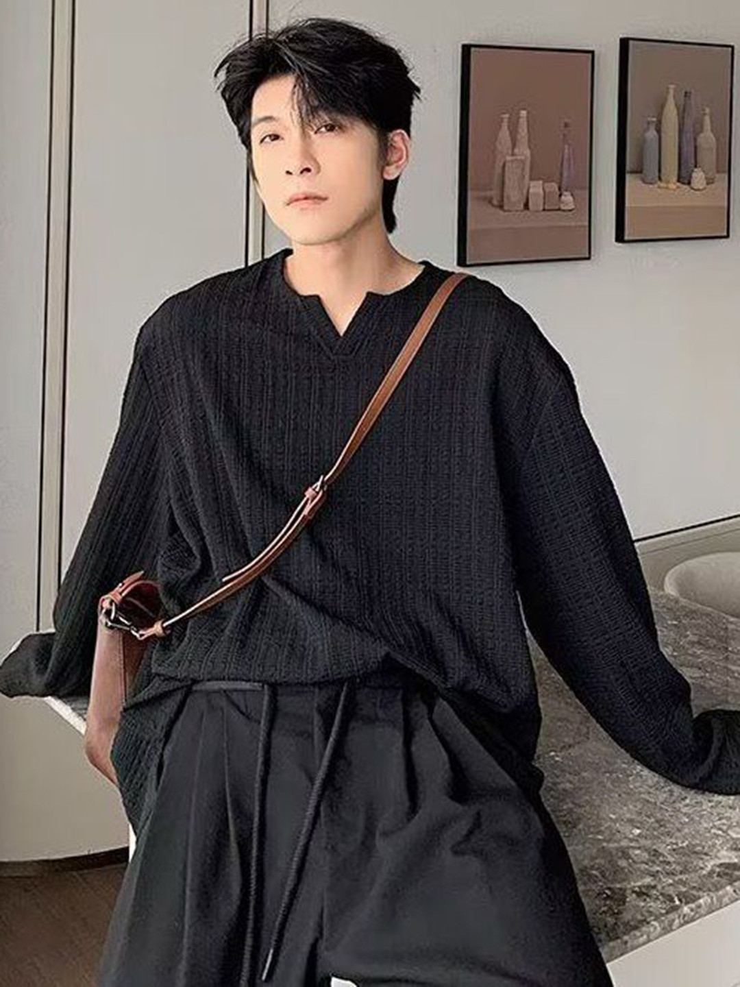 StyleCast Men Oversized V-Neck Long Sleeves T-shirt