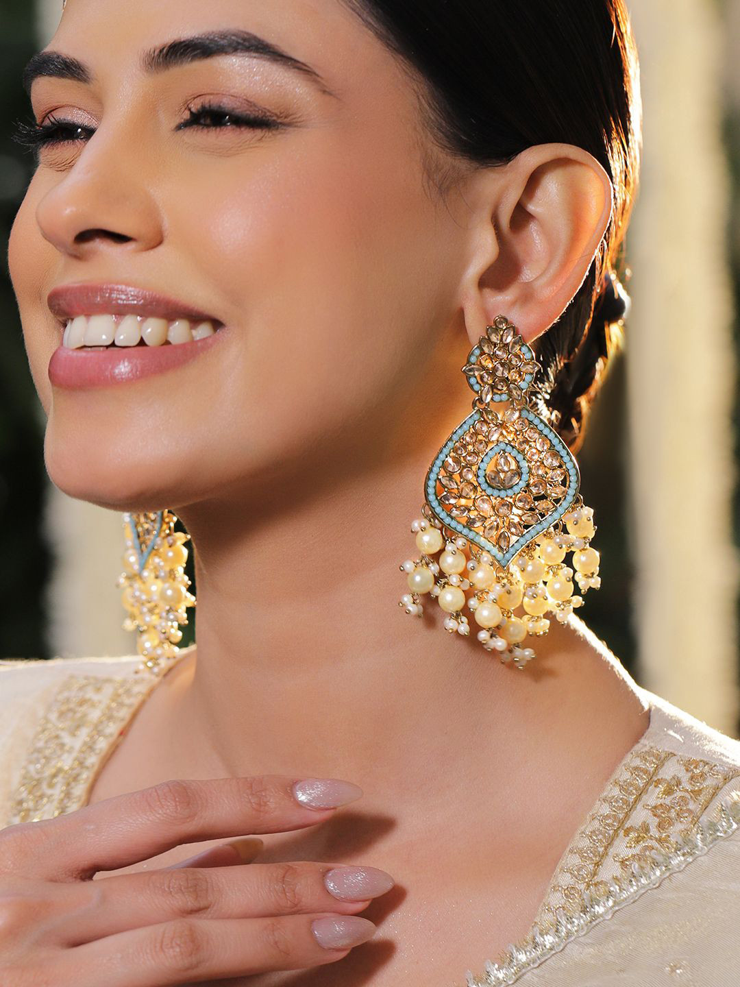 Rubans 18K Gold-Plated Pastel Blue Kundan & Glossy Off-White Pearl Long Chandelier Earring
