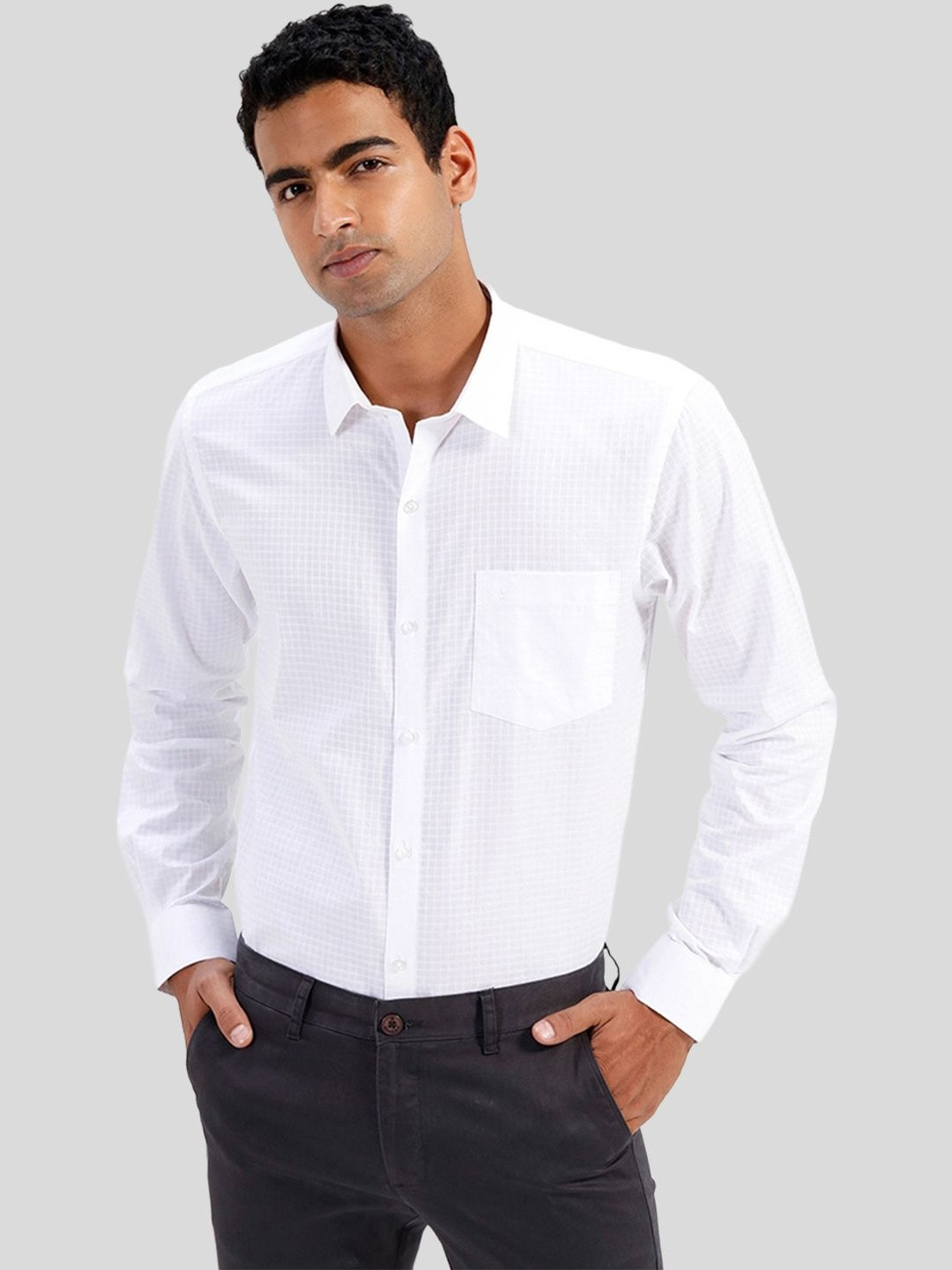 UATHAYAM Men White Solid Regular Fit Cotton Formal Shirt