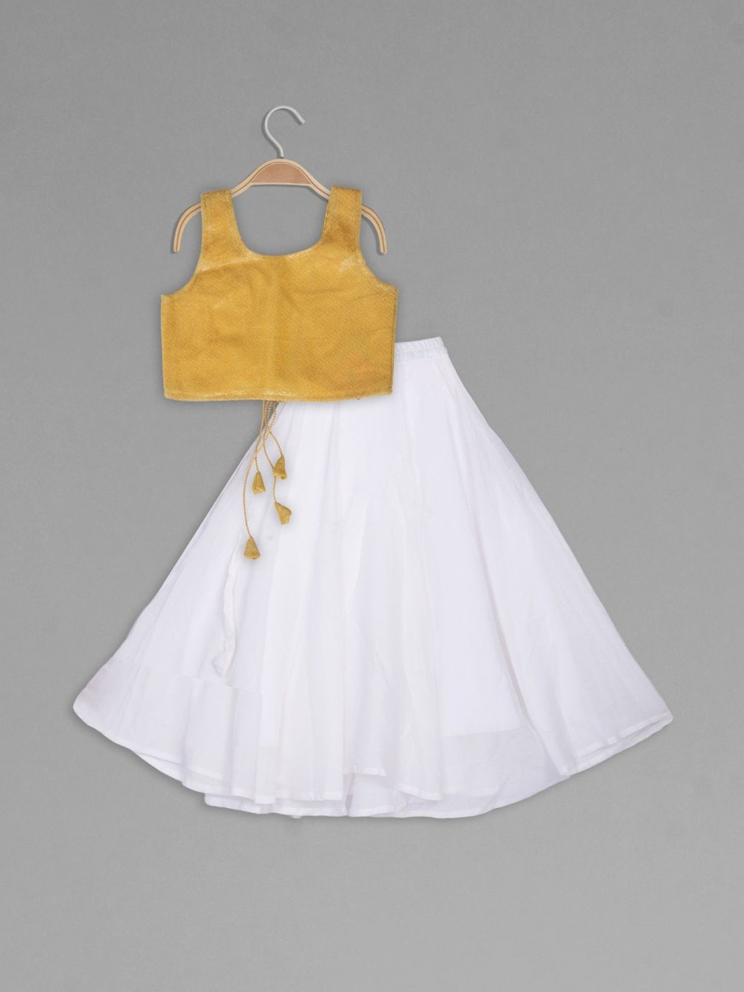 IRSIA Girls Gold-toned Round Neck Blouse With White Lehenga