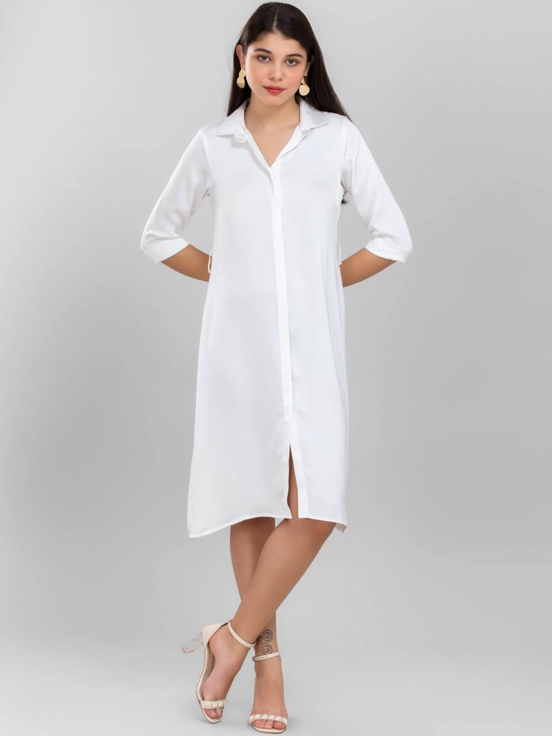 D'Almirah Women Solid Satin Shirt Knee Length Dress