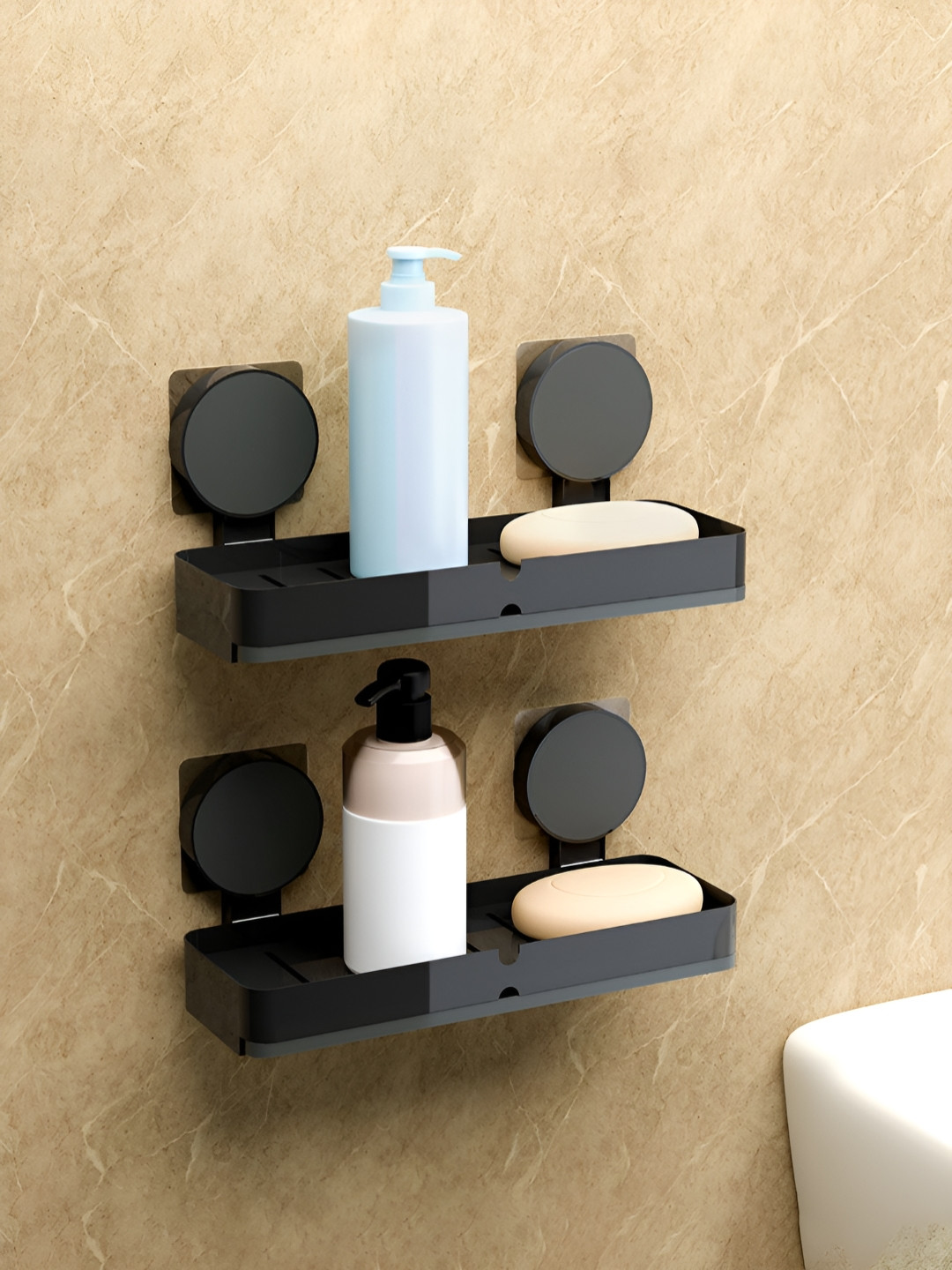 Aura Black 2 Pieces Self-Adhesive Soap Holders With Drain Trays