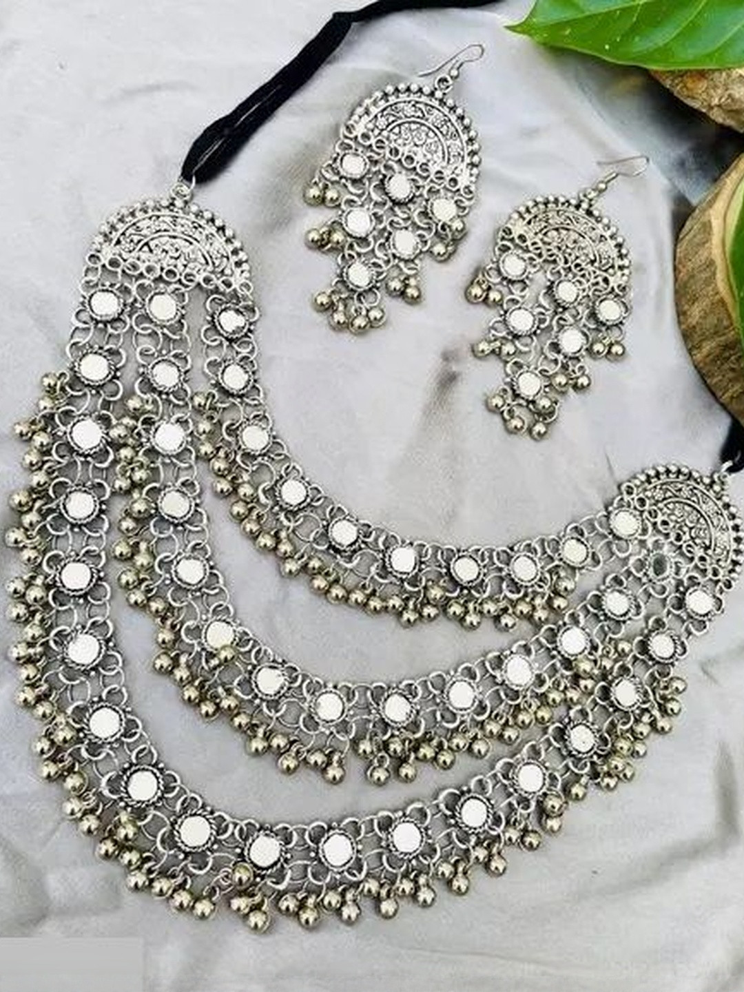 Samridhi DC German Silver Silver-Plated Stones Studded & Beaded Oxidised Jewellery Set