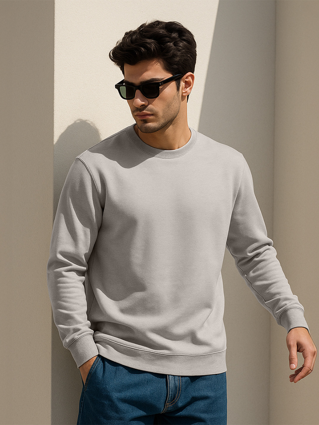 VEIRDO Men Grey Crew Neck Solid Cotton Fleece Round Neck Oversized Pullover Sweatshirt