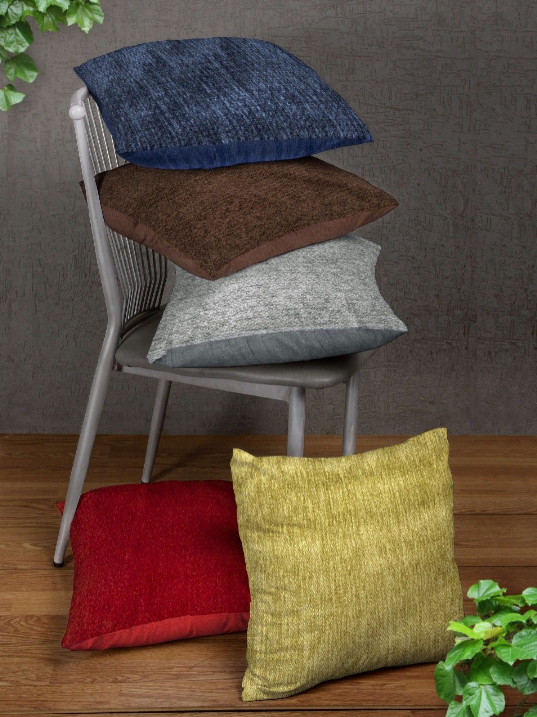 Aura Grey & Blue 5 Pieces Textured Chenille Square Cushion Covers