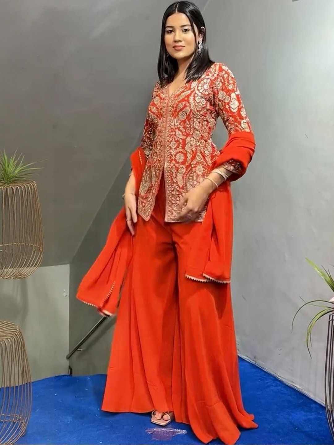 ZEEL FASHION Women Ethnic Motifs Embroidered Kurta with Sharara & Dupatta