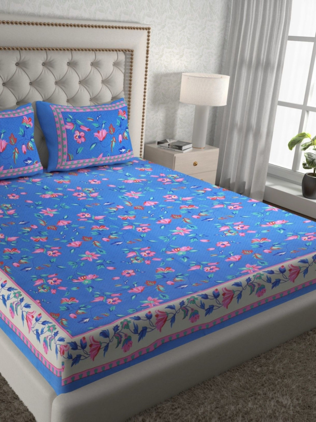 KD PRINTS Blue & Pink Floral 180 TC Bedsheet Set 76.2 m