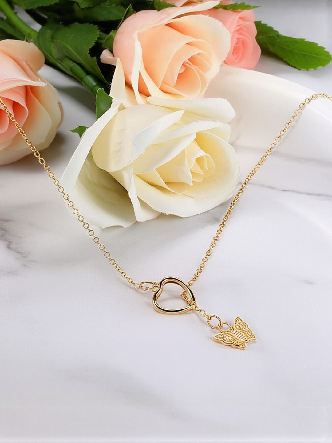 DressBerry Women Gold-Plated Single Layered Butterfly In Heart Pendant Necklace