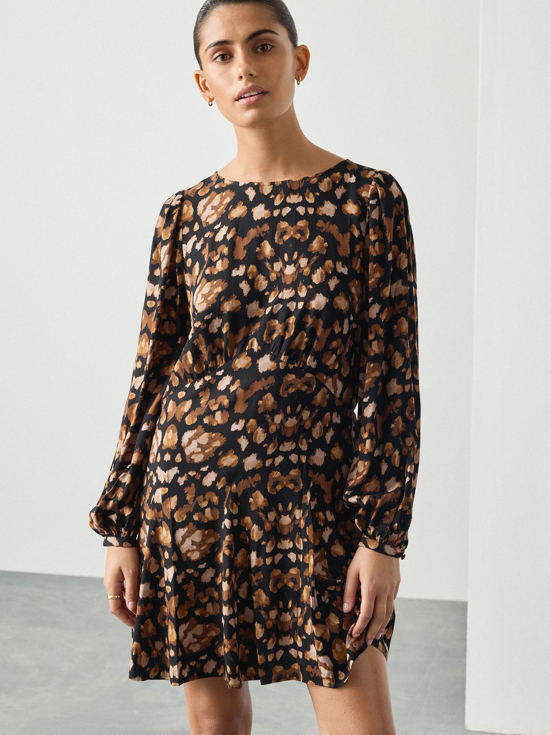NEXT Animal Print Puff Sleeve A-Line Ruched Mini Dress
