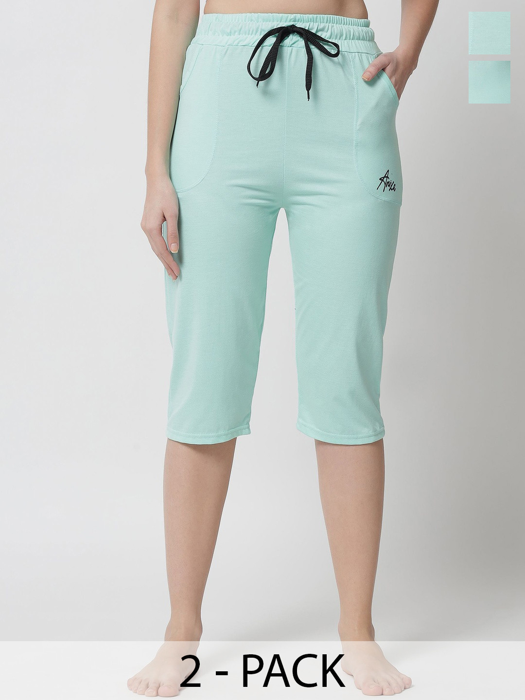 TRENDY WORLD Women Green Set Of 2 Cotton Casual Capris