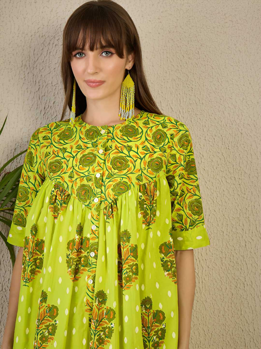 Indo Era Women Floral Printed Tiered Pure Cotton Kurta with Trousers