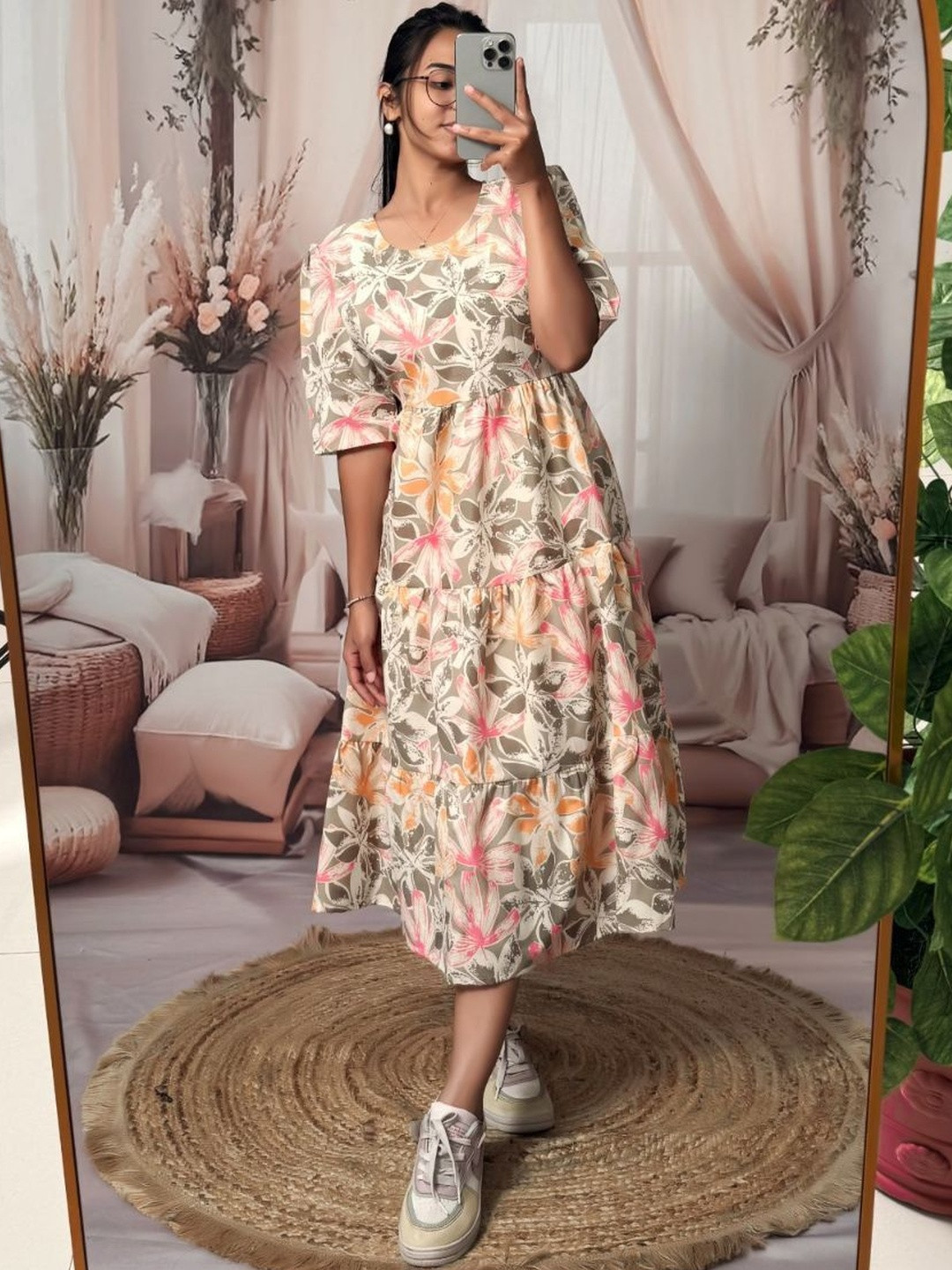 VenderVilla Floral Printed Fit & Flare Midi Dress