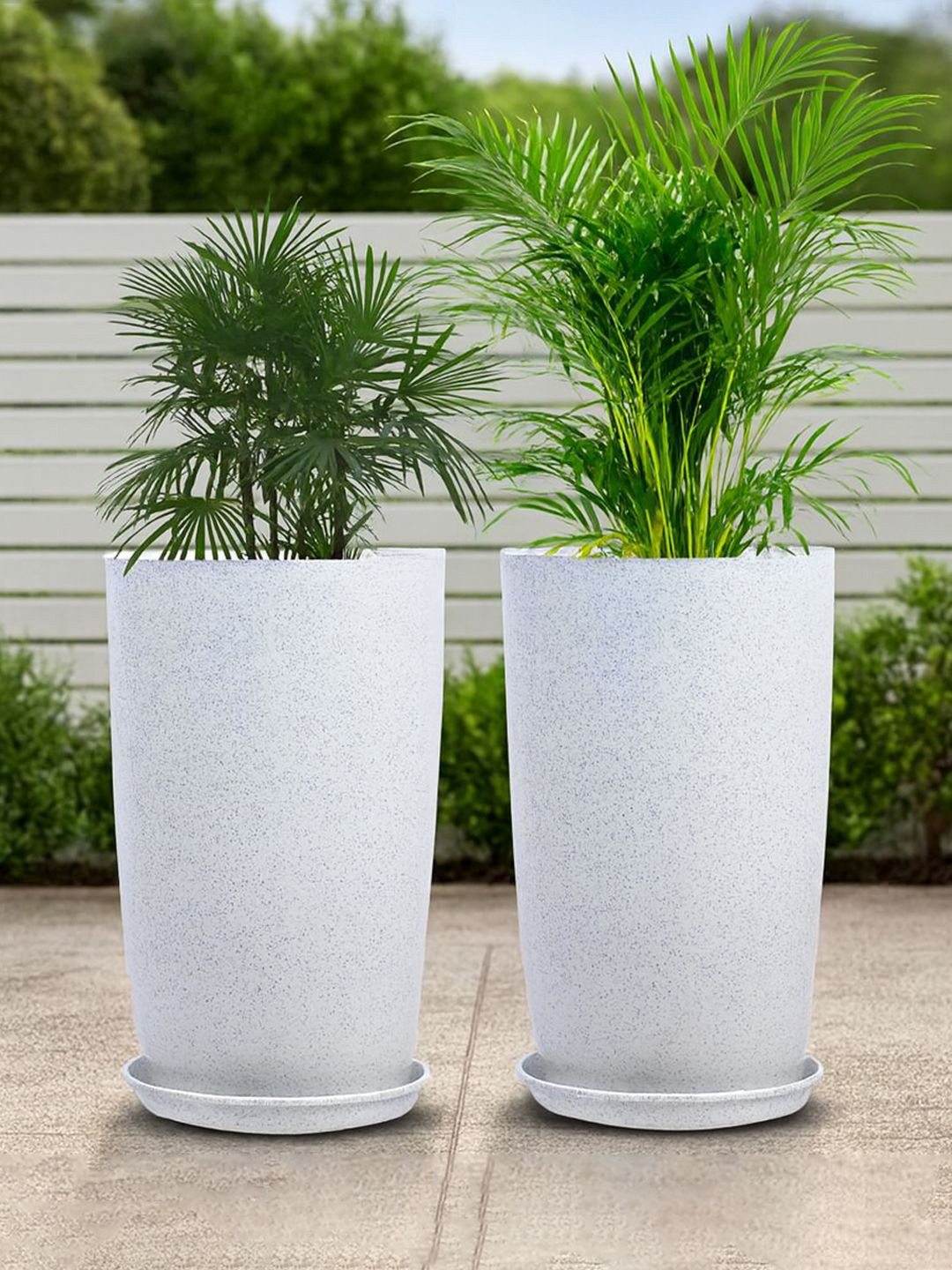 Kuber Industries White 2 Pieces Marble-Printed Weather-Resistant Flower Pots With Tray