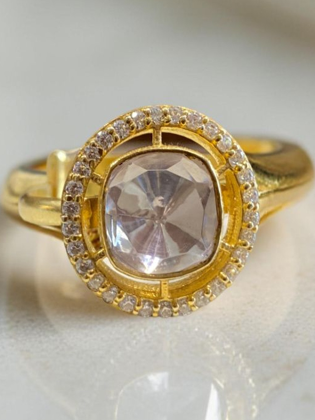 TURVANI 925 Sterling Silver Gold Plated Zircon-Studded Adjustable Finger Ring