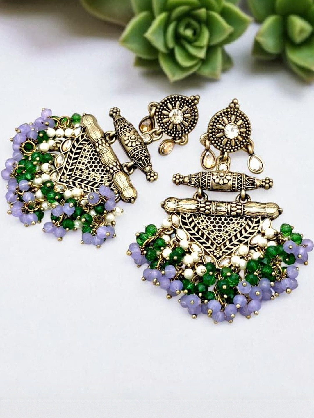 BFC - BUY FOR CHANGE Women Green & Violet Classic Chandbalis Earrings