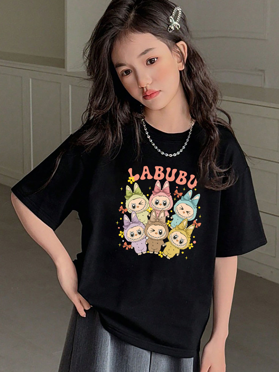 BRIEF CHICKADE Girls Graphic Printed Round Neck Cotton Oversized T-shirt