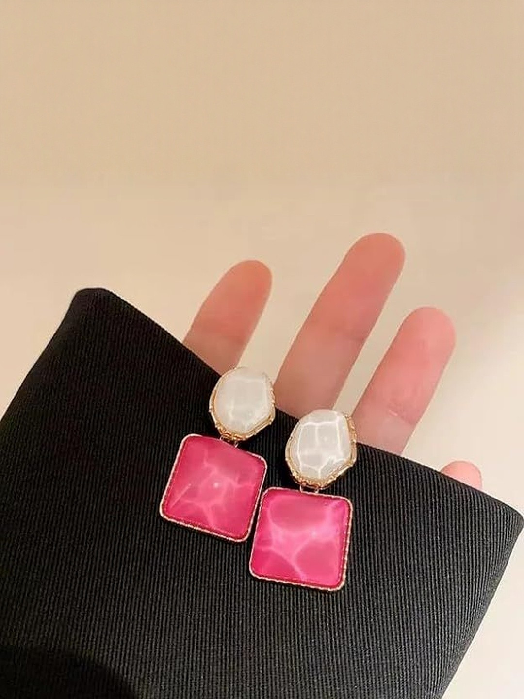 Inara Robes Women Gold Plated Hexagon and Pink Square Design Drop Earring