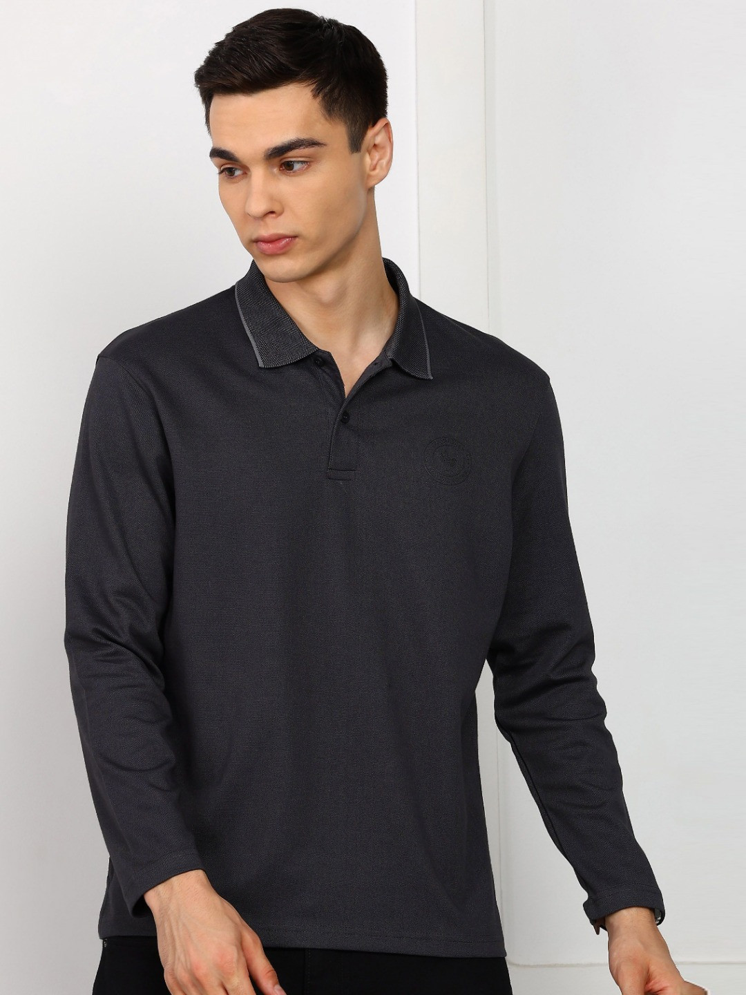 Alan Jones Self Design Polo Collar Long Sleeves Regular Fit T-shirt