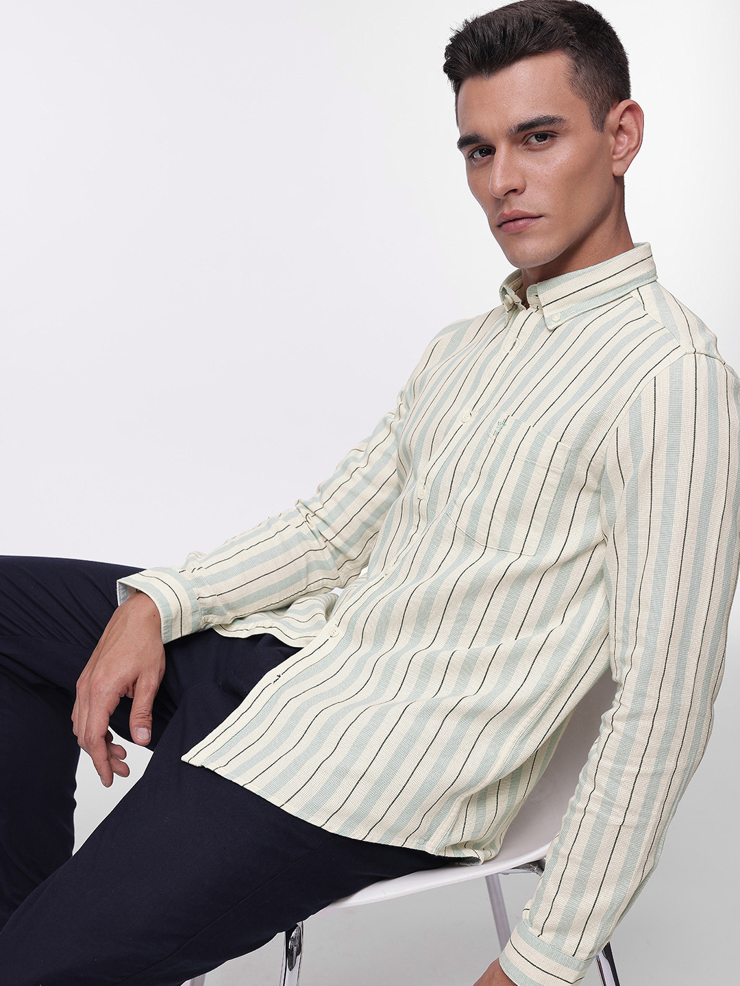 French Connection Vertical Striped Pure Cotton Casual Shirt