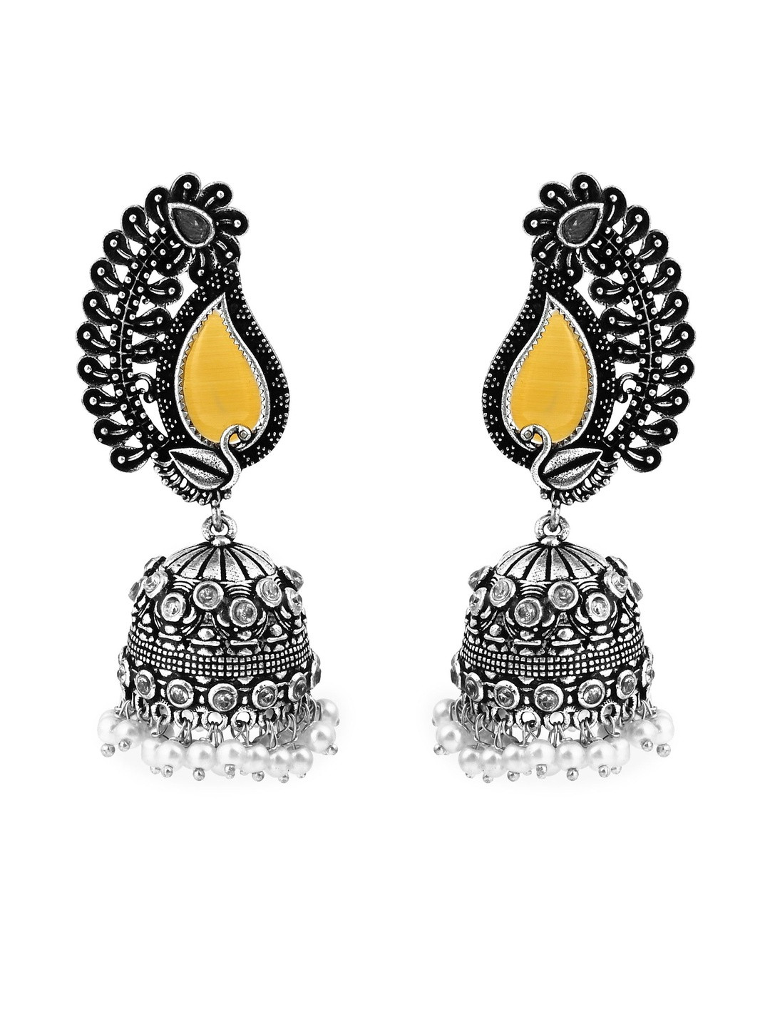 BELLORRE Women Oxidized Paisley Jhumkas With Yellow Enamel Earrings