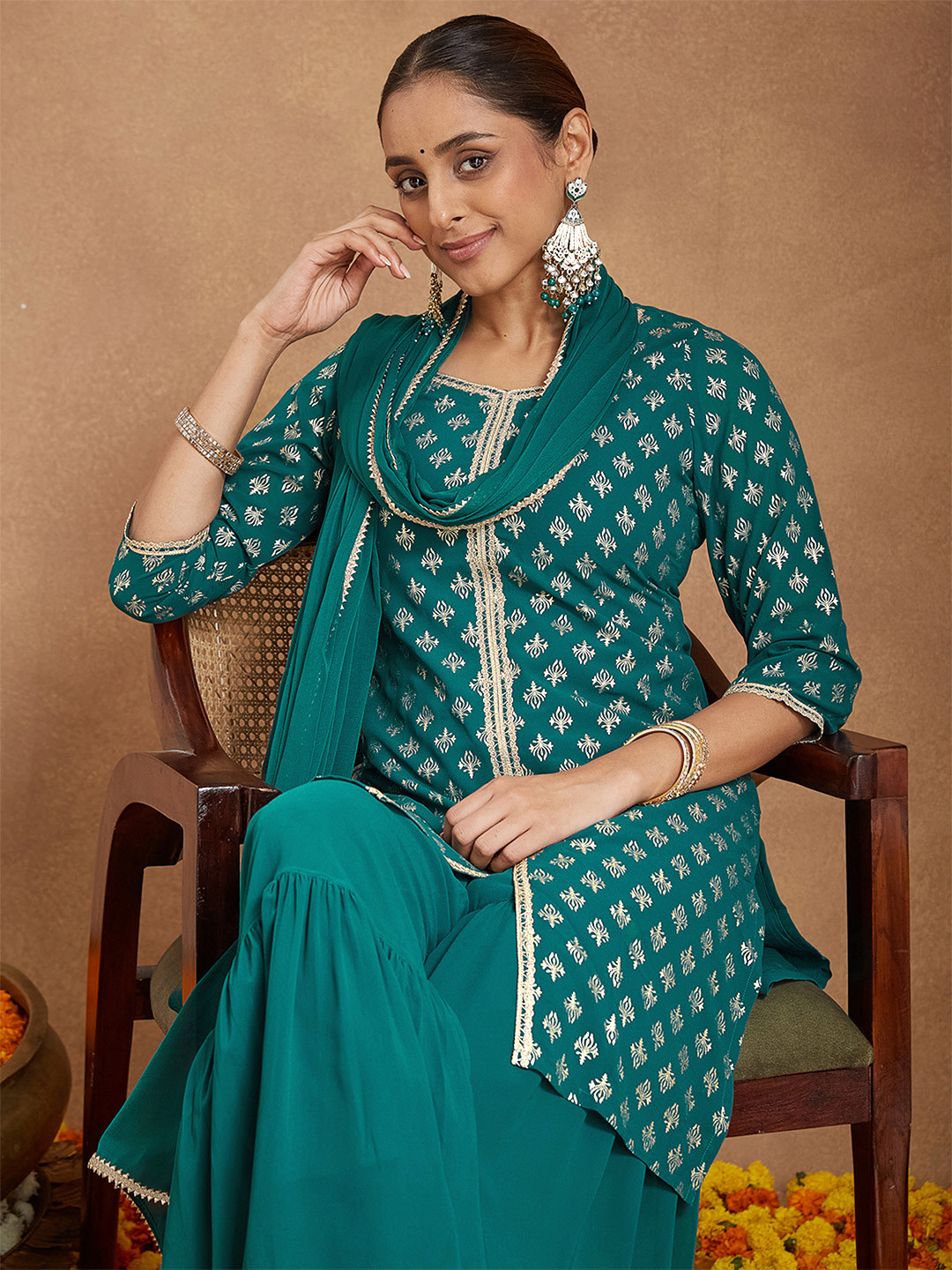 Janasya Women Teal Green Georgette Embellished Gold Printed Straight Kurta with Sharara & Dupatta