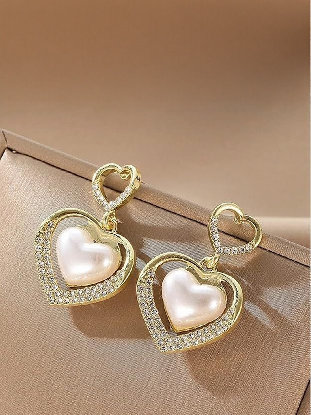 Inara Robes Gold Plated Korean Marvelous Dual Hearts Pearls Drop Earrings