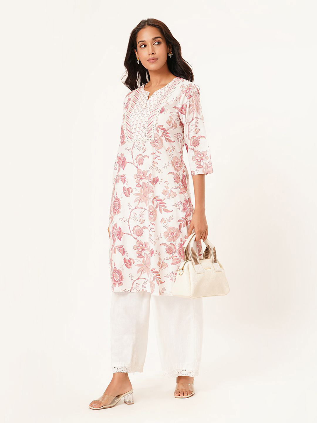 RANGMANCH BY PANTALOONS Floral Printed Notch Neck Slit Sleeves Pure Cotton Straight Kurta