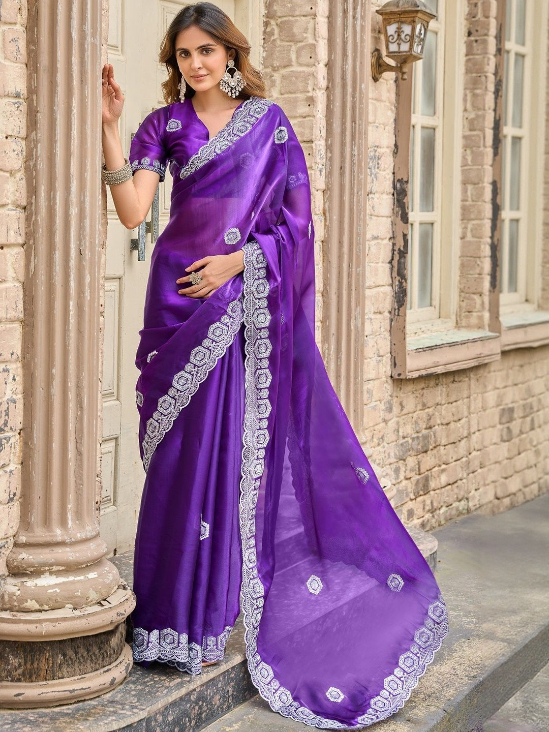 Suha Purple Beads and Stones Embellished Poly Chiffon Saree