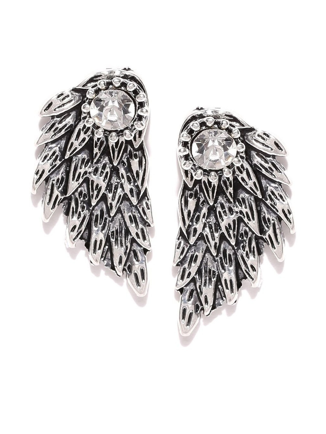FIMBUL Silver-Plated Crystals Studded Angel Wing Feather Shaped Studs