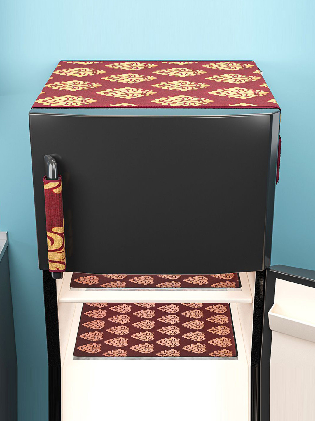 Kuber Industries Maroon & Yellow 3 Pieces Printed Water-Resistant Refrigerator Covers