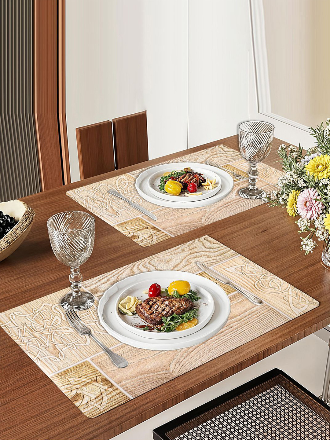 Kuber Industries Cream-Colored 6 Pieces Wood-Printed Table Placemats With Coasters