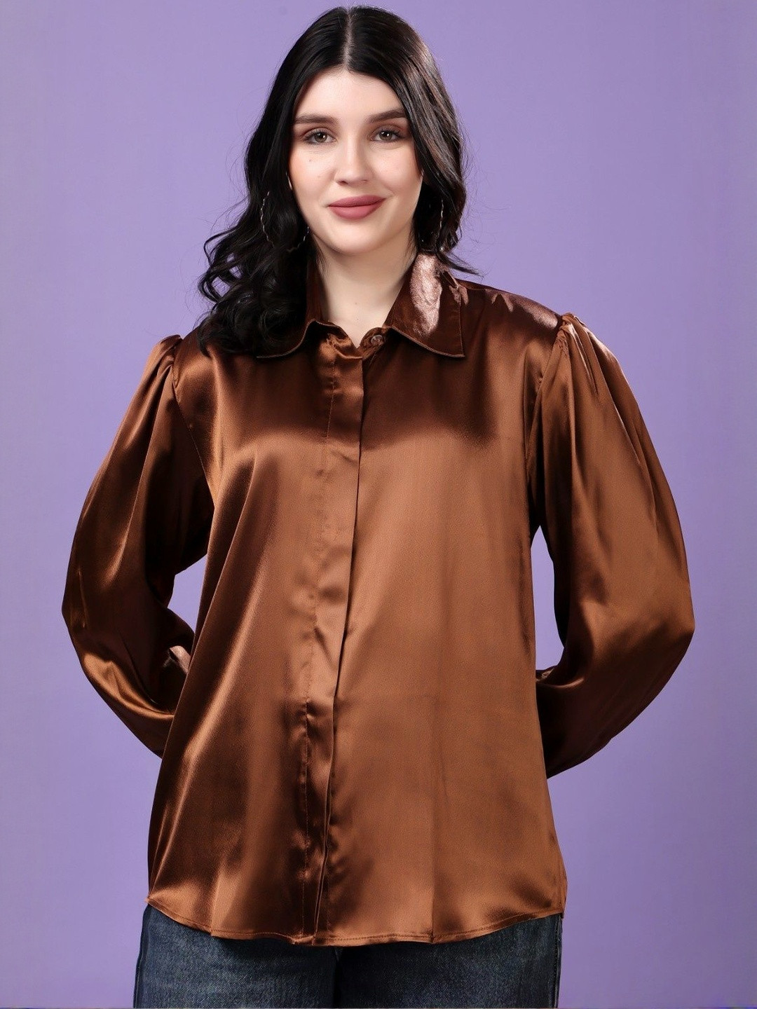 MJ LIFE STYLE Women Brown Satin Long Sleeve Shir