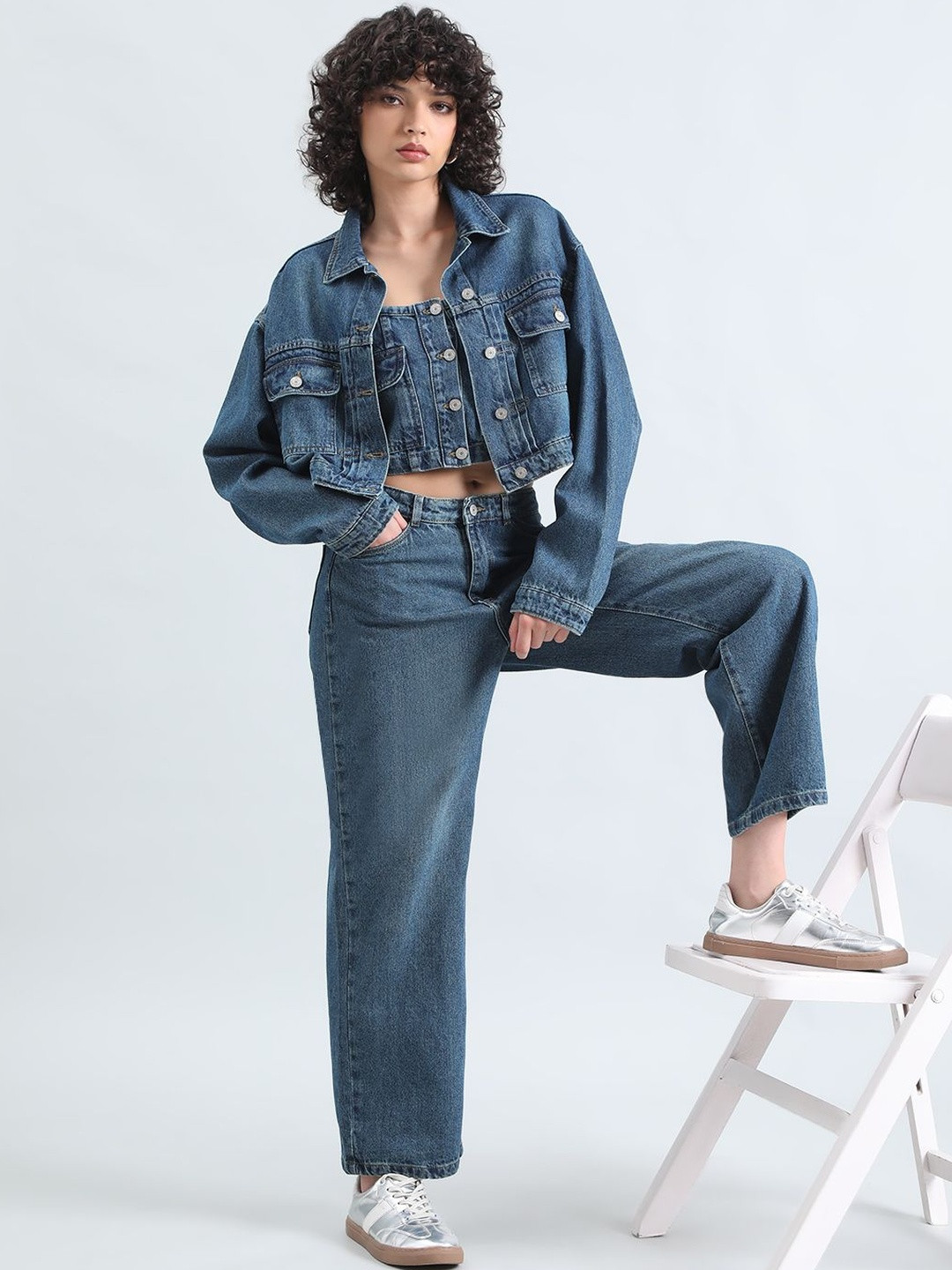 SHOWOFF Women Blue Top & Trousers With Over Jacket