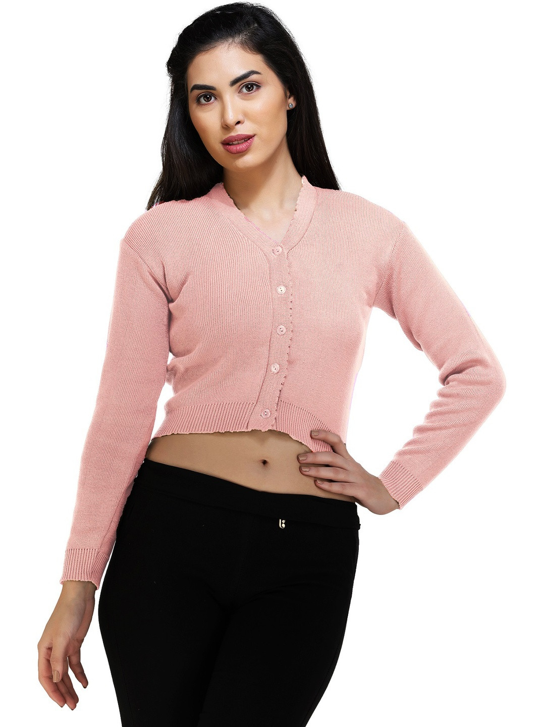 FEMULA Women Baby Pink Solid V-Neck Full Sleeves Regular Fit Woolen Top