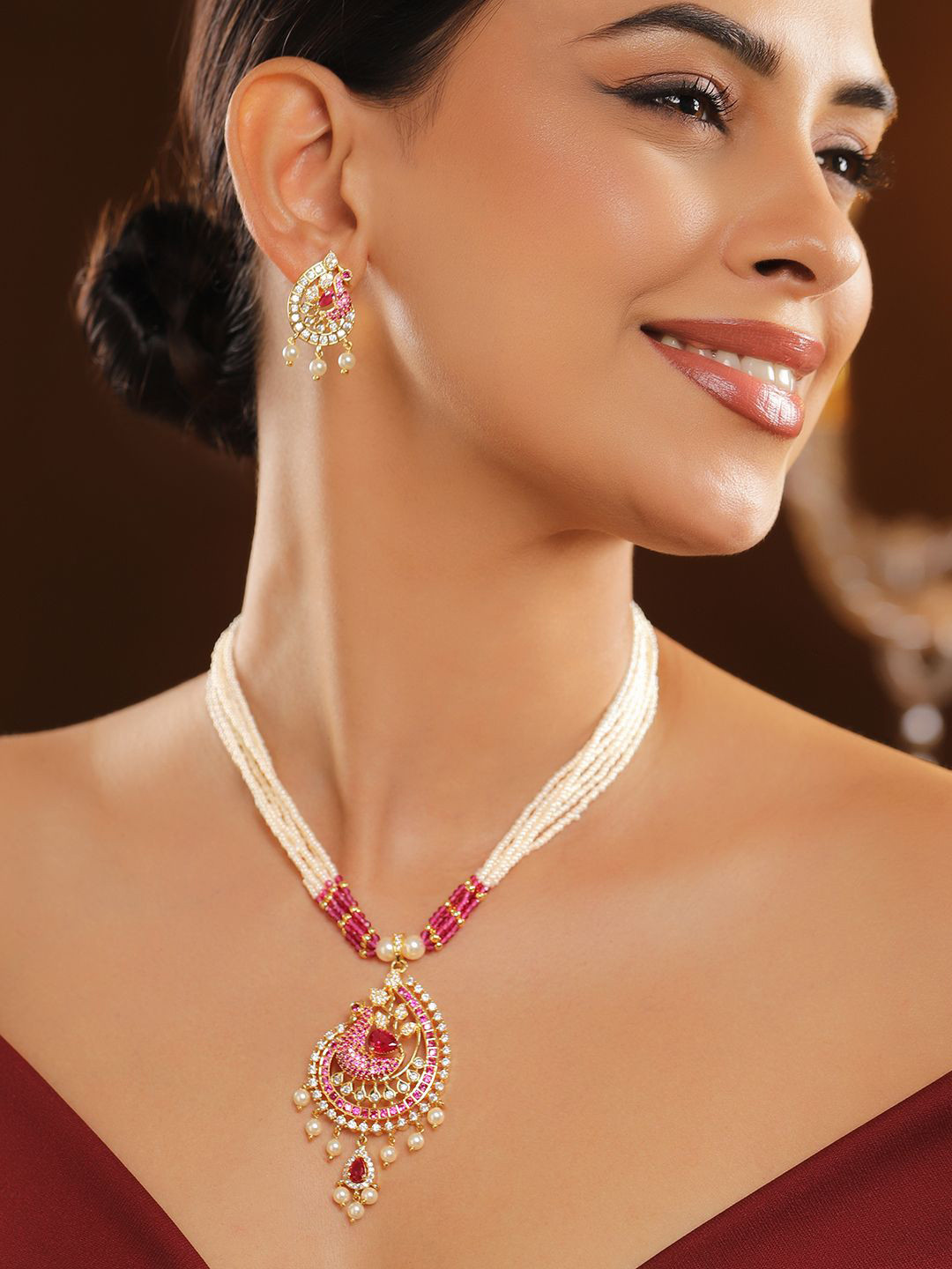 Rubans 22K Gold-Plated Ruby Pink Zirconia & White Pearl Beaded Peacock Pendant NecklaceSet