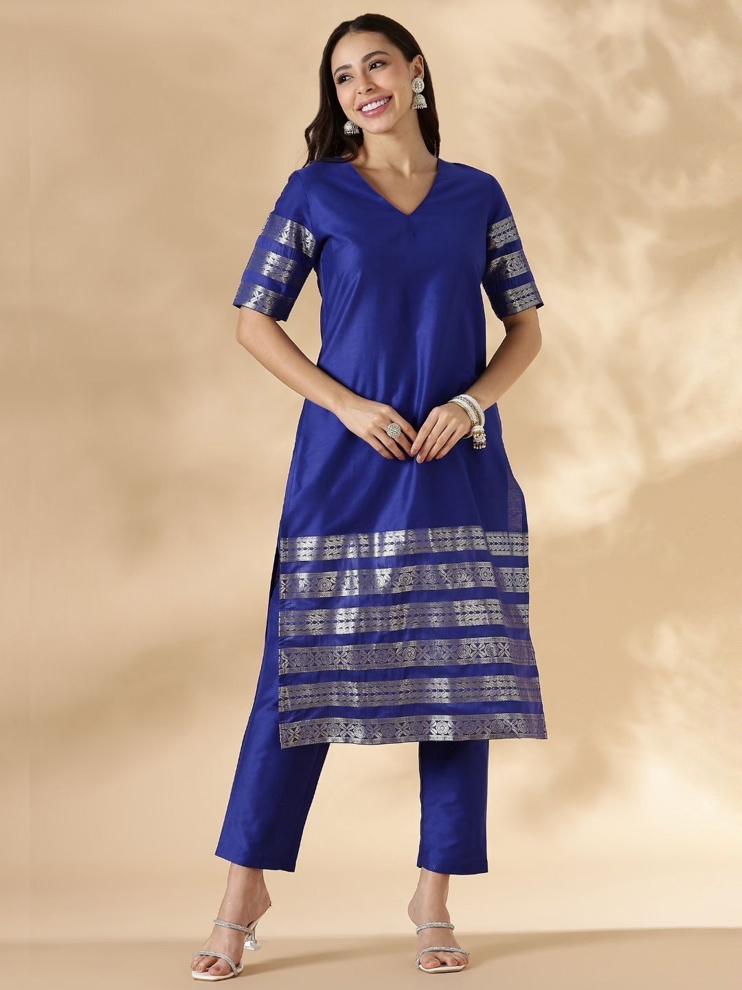 Abhishti Women Blue Kurta Pant Set with Brocade Detail