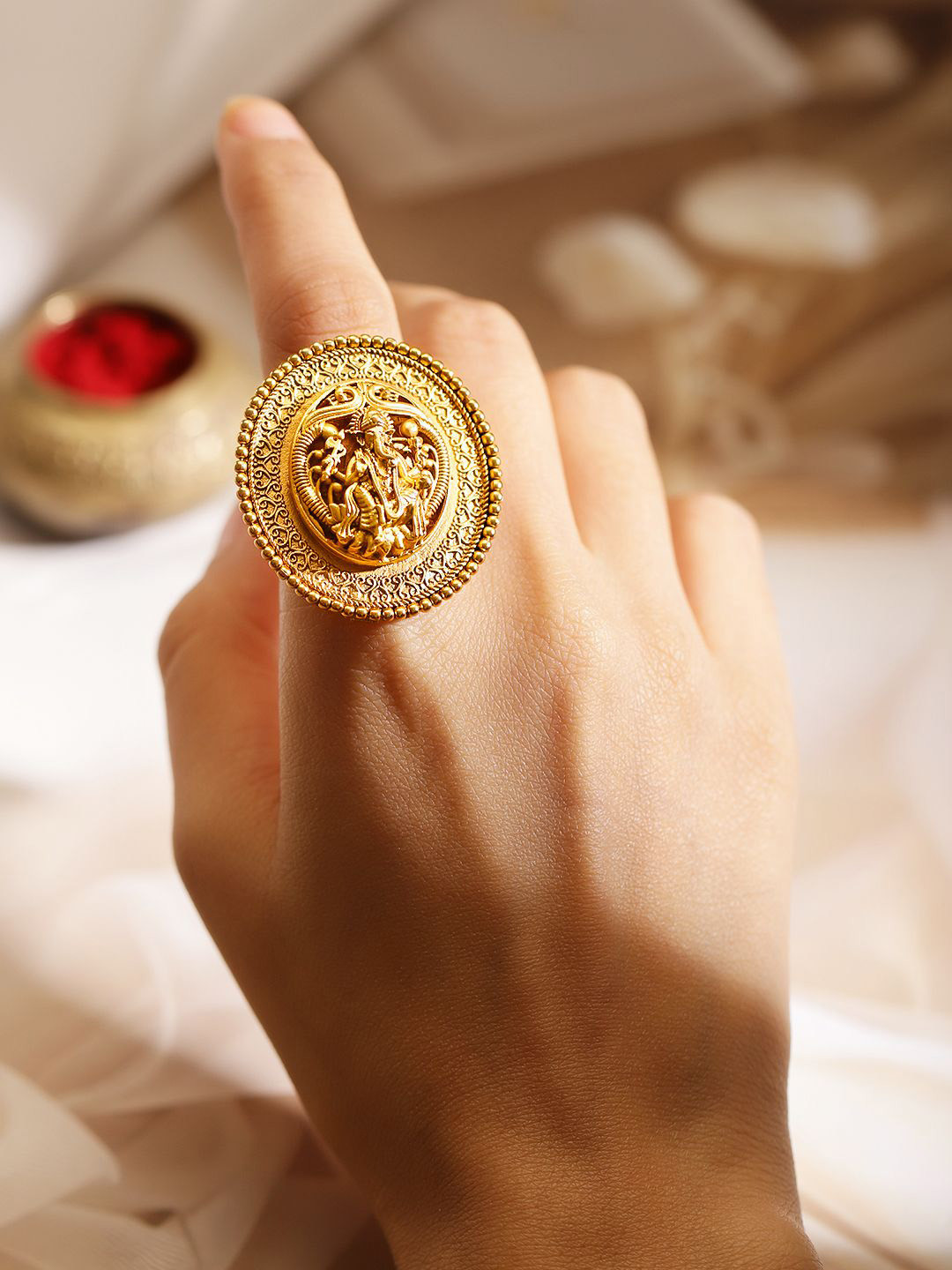 Rubans 22K Gold-Plated Oversized Lakshmi Motif Temple Statement Adjustable Finger Ring
