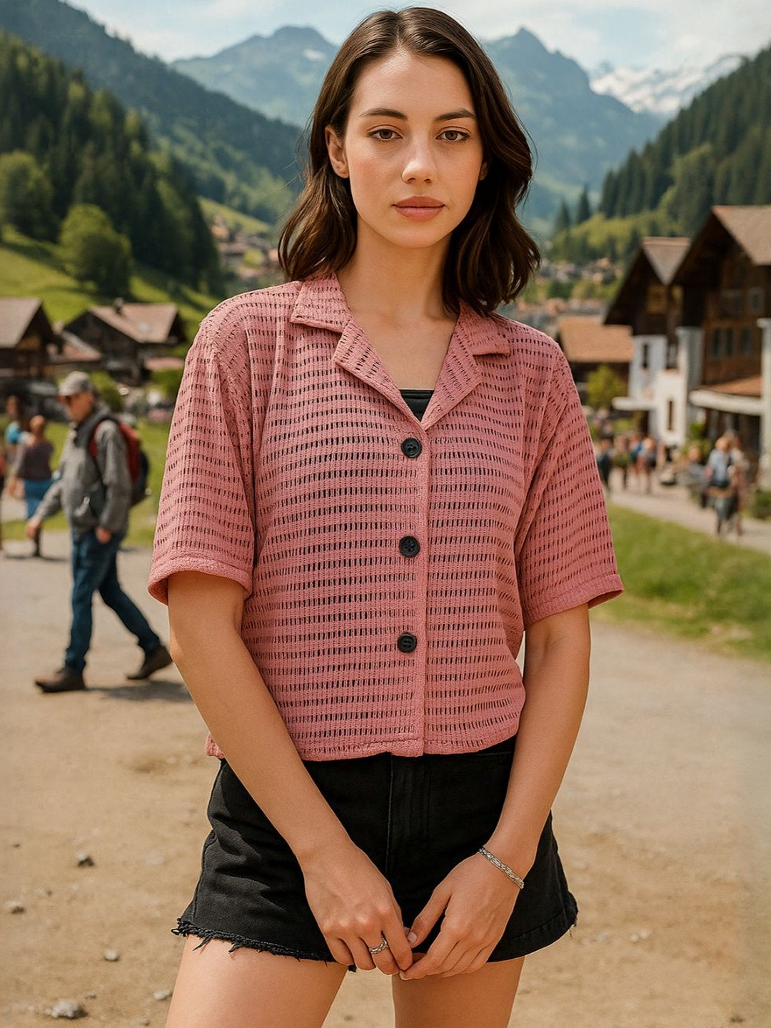 DressBerry Women Pink Poly Cotton Sheer Cuban Collar Classic Boxy Casual Shirt