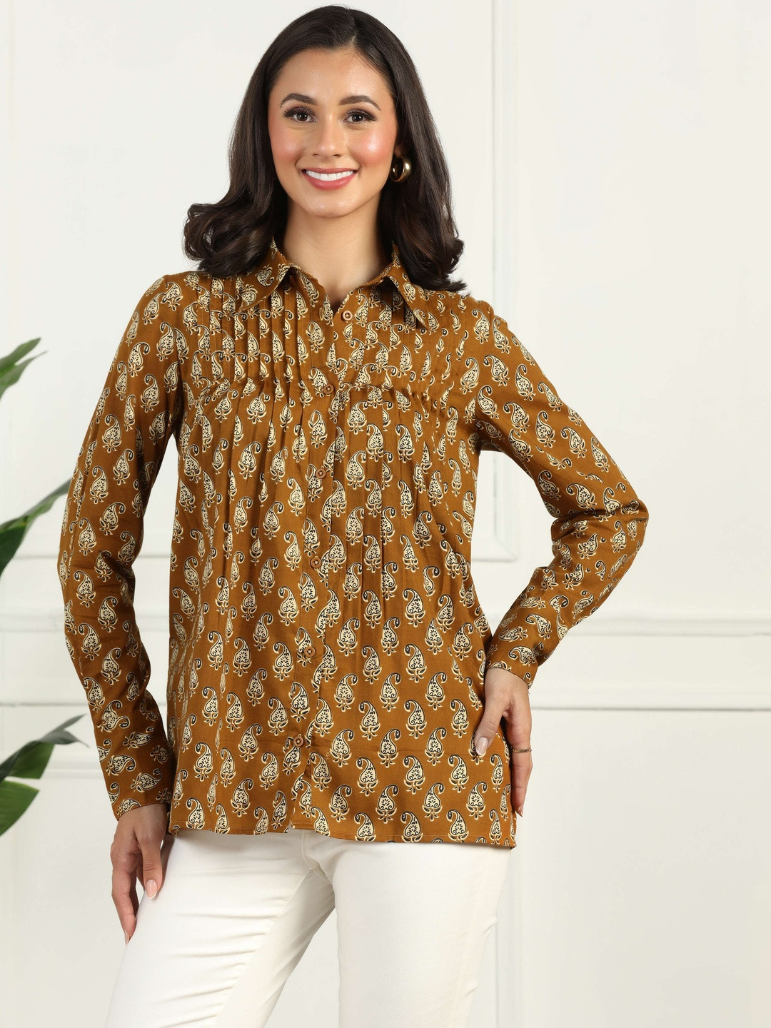 FLY STITCH Comfort Floral Printed Spread Collar Cotton Pleated Shirt