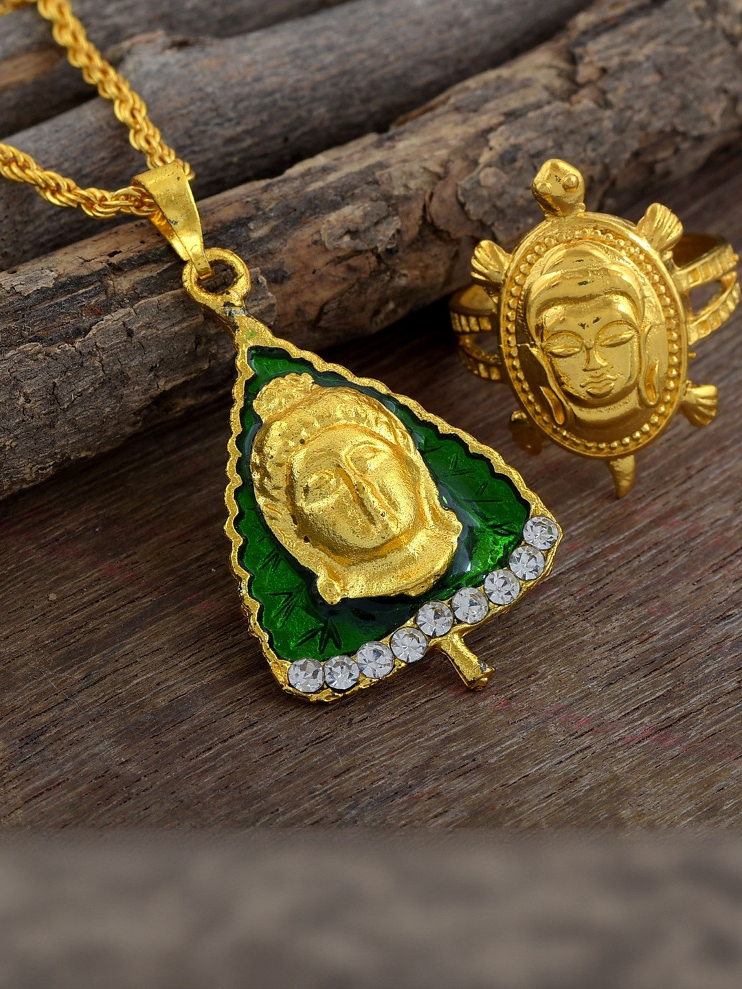 MEMOIR Unisex Gold-Plated Brass Lord Buddha Pendant And Finger Ring