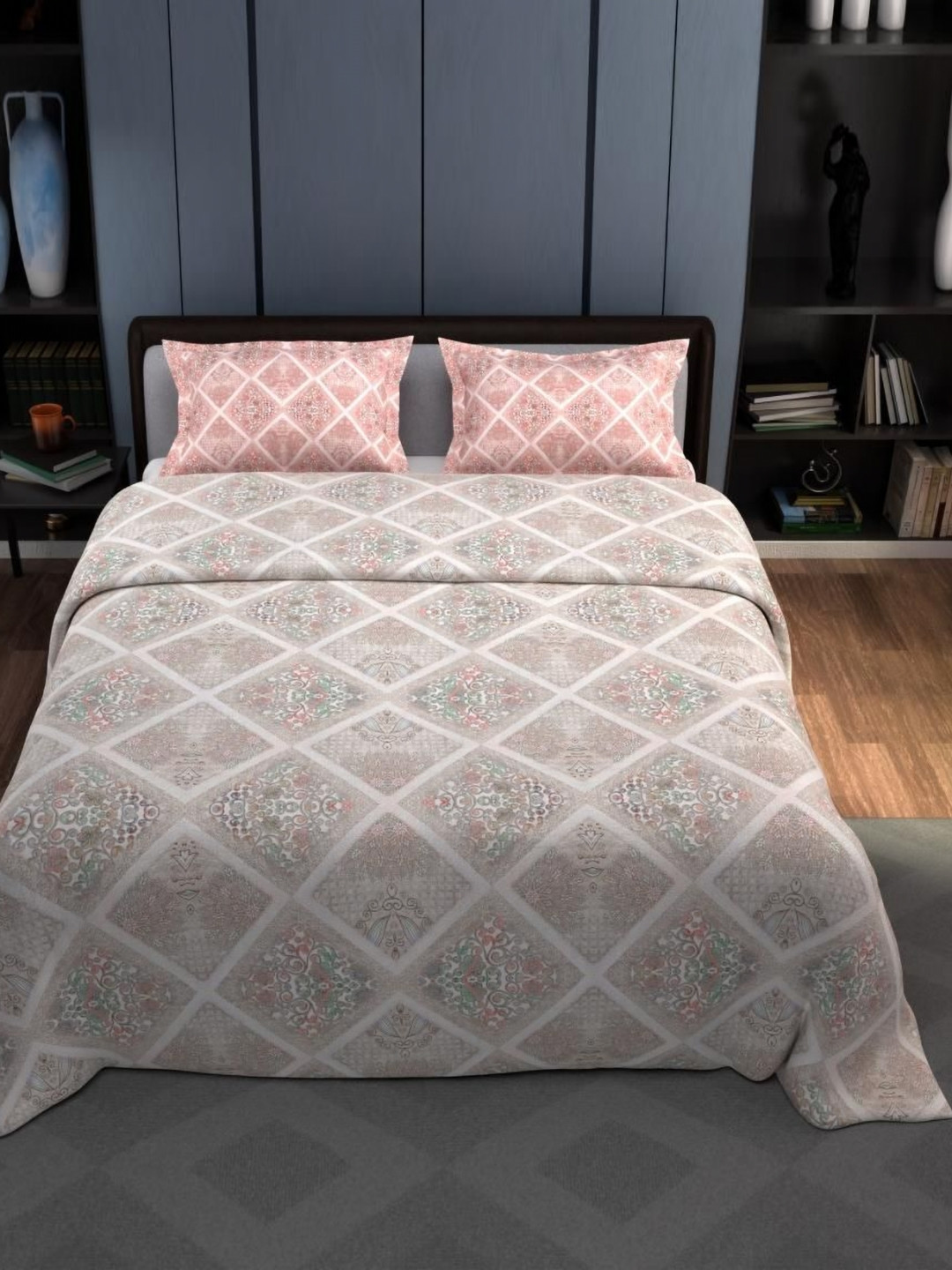 Synergized Cotton Brown & WhitePrinted Cotton Bedsheet With 2 Pillow Covers 2.74m x 2.74m