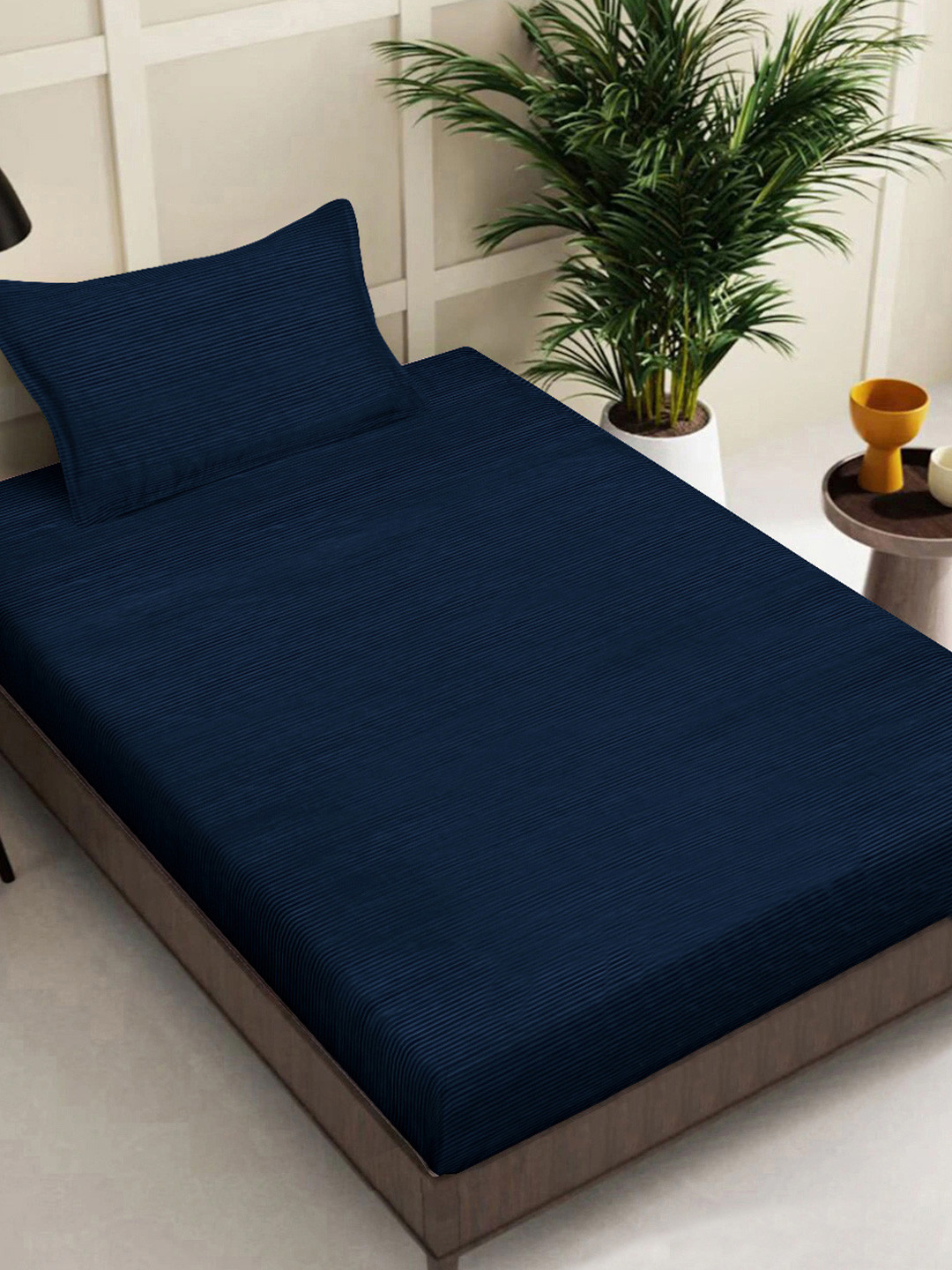 Myntra Elegant Homes Navy Blue Striped 300 TC Single Bedsheet with 1 Pillow Covers