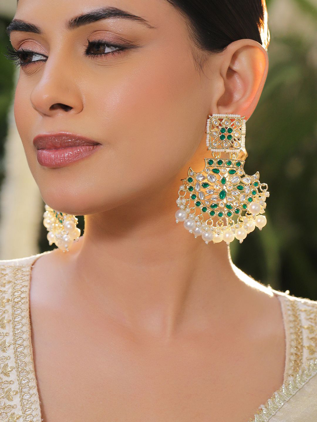 Rubans 18K Gold-Plated Green & White Kundan Handcrafted Long Chandbali with White Pearls