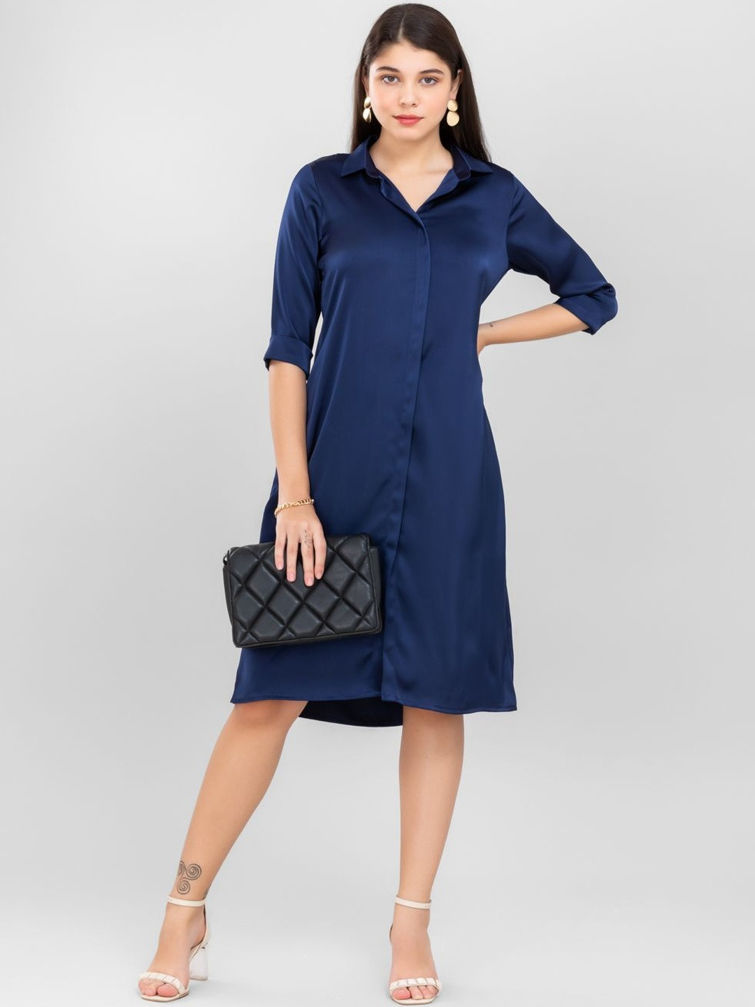 D'Almirah Women Shirt Collar Satin Shirt Dress