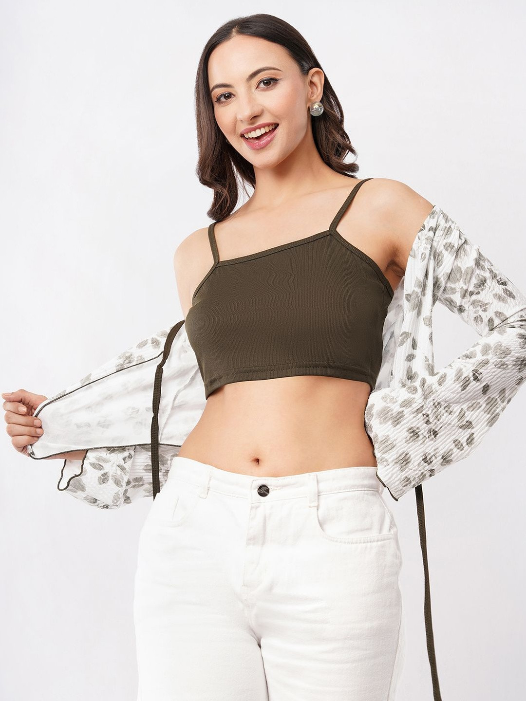 Deshi Girl Women Floral Crop Top with Tie-up Shrug