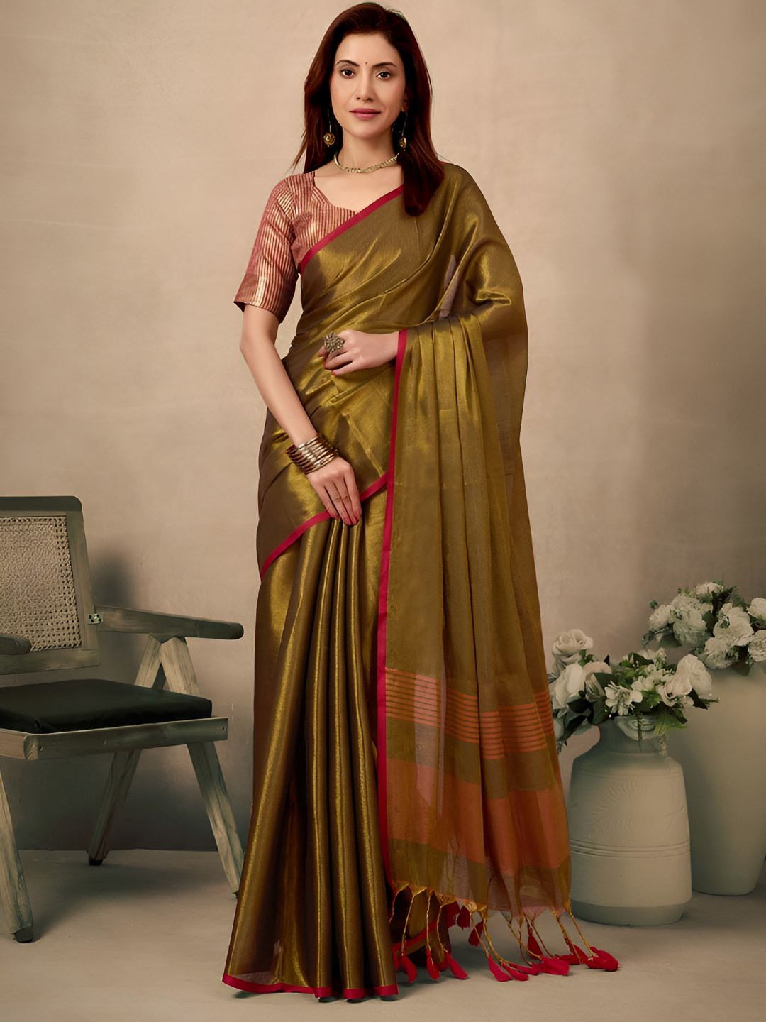VASTRA-THE FACTORY STORE Striped Tissue Handloom Saree