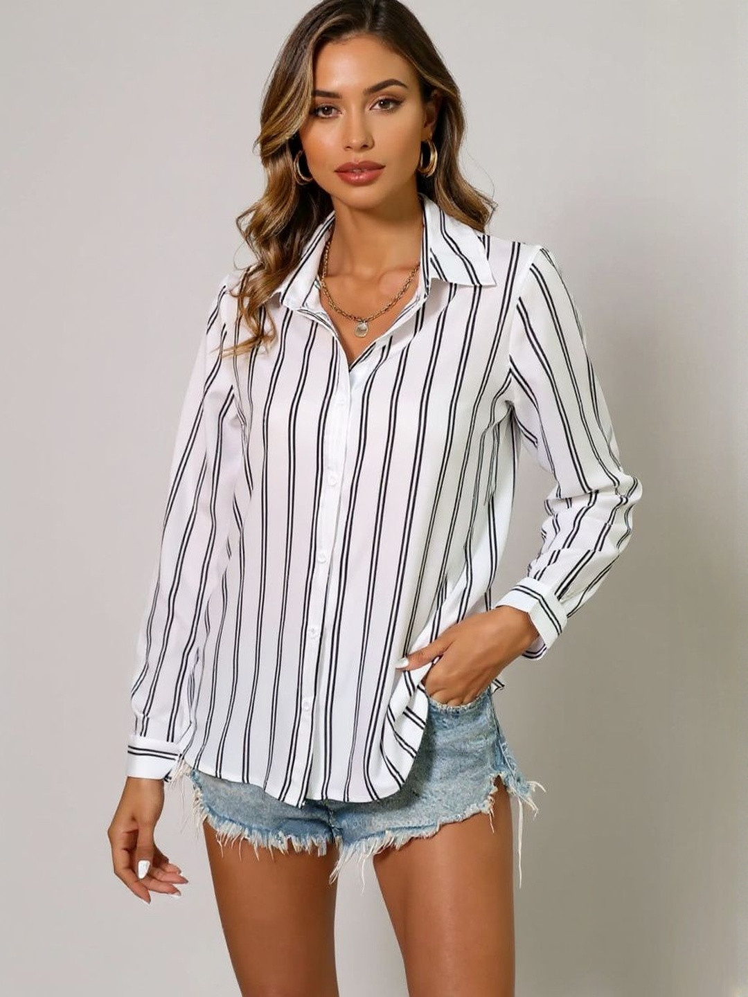 HERE&NOW Women White Striped Collared Shirt