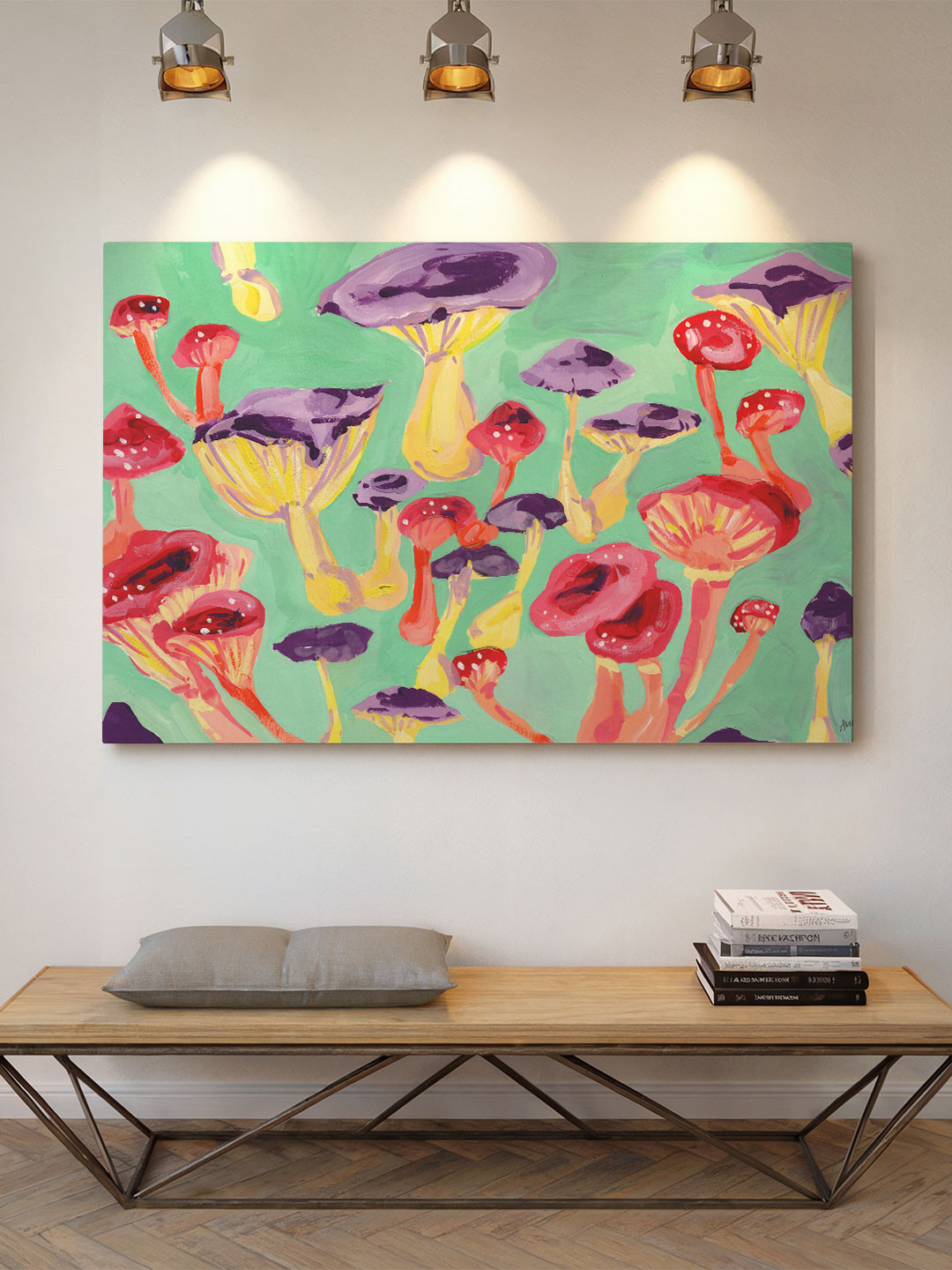 ASIAN MONK Multicolor Mushroom Painted Landscape Canvas Wall Art