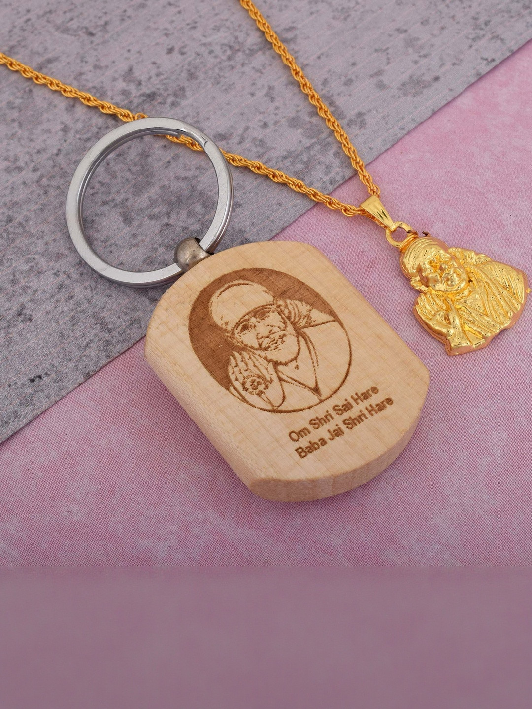 MEMOIR Unisex Gold-Plated Shirdi Sai Baba Chain Brass Pendant & Keyring Set
