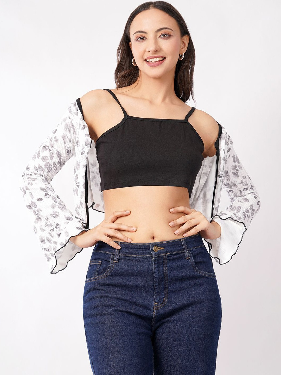Deshi Girl Women  Black Crop Top with  Printed Shrug